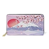 Fuji Japan Kirschblume Damen Brieftasche Reißverschluss Geldbörse Echtes Leder Geldbeutel Telefon Kreditkartenetui Portemonnaie für Frauen Mädchen