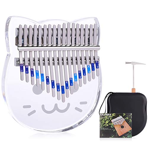 17 Keys Cat Thumb Piano Transparent Solid Finger Piano Carry Bag Musical Note Stickers Tuning Hammer Cleaning Cloth Musical Gift + Portable Wooden Thumb Piano Stand