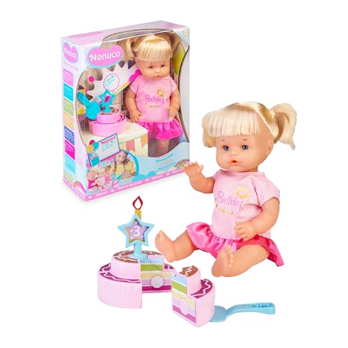 Nenuco - Happy Birthday, Geburtstagspuppe zum Verschenken an Kinder ab 3 Jahren, mit Krone, Spielzeugkuchen und austauschbarer Zahlenkerze, Famosa (NFN44000)
