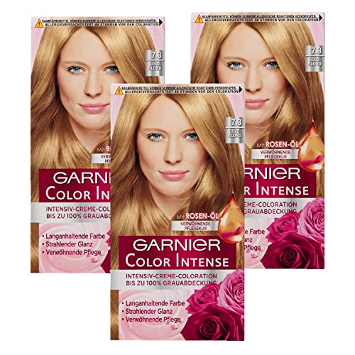 Garnier dauerhafte Intensive Creme Coloration, langanhaltende Farbe, 100% Grauabdeckung, Color Intense, 7.3 Goldblond, 3er Pack, 3 x 1 Stück