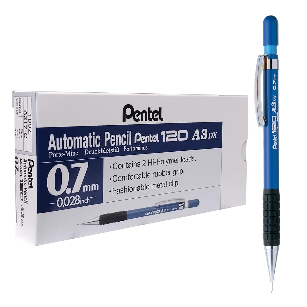 Pentel A300 Automatischer Bleistift mit Gummigriff und 2 x HB 0,7 mm Mine, blauer Schaft, Ref. A317-C, 12 Stück