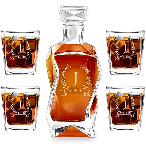 Murrano Whiskey Karaffe + 4er Whiskygläser Set mit Gravur - 700ml Whisky Dekanter - Geschenk zum Geburtstag für Damen - Monogramm 1