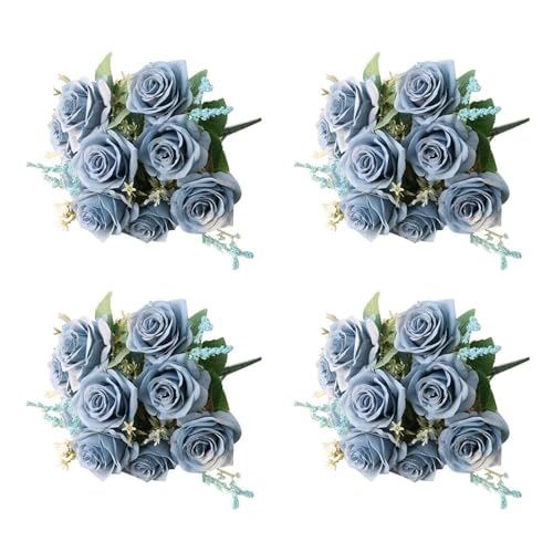 Juwaacoo 4X Künstliche Blaue Blumen Seidenrose Blumenstrauß Hausgarten Dekoration Hochzeitsrosen Blau