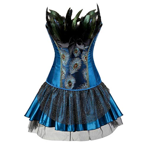 Josamogre Corsagenkleid Feder Korsett Kleid Dessous Corsage elegant Stickerei Kostüme Pfau Halloween kostüm Rock Blau S