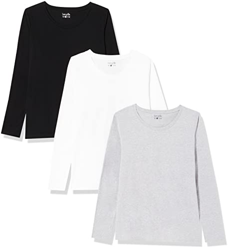 berydale Damen Langarm-Shirt mit Rundhalsausschnitt aus 100% Baumwolle, Schwarz/ Hellgrau Melange/ Weiß (3er Pack), L