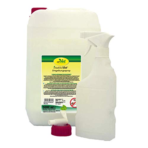 cdVet Naturprodukte InsektoVet Umgebungsspray 5 Liter - Bekämpfung von Flöhen in allen Entwicklungsstadien- natürliches Reinigungmittel für Liegeplätze, Stallungen, Sofas, Decken, Autos, usw -