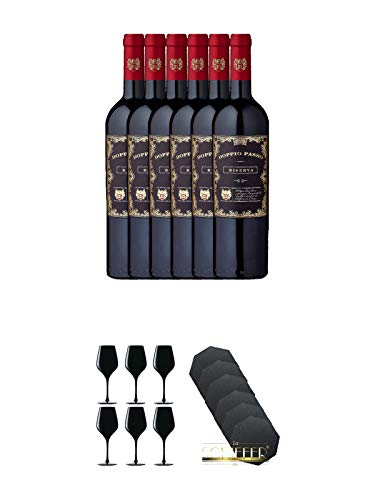 Doppio Passo RISERVA 14% 6 x 0,75 Liter + Blind Tastinglas für Wein Exquisit 6 Gläser - 1477402 + Schiefer Glasuntersetzer achteckig 6 x ca. 9,5 cm Durchmesser