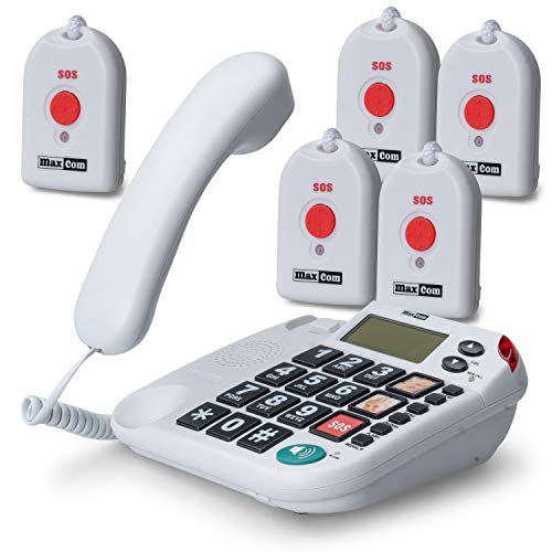 Maxcom KXT481SOS: Seniorentelefon mit Funk Notruf Sender und großen Tasten extra laut schnurgebundenes Festnetztelefon mit 5X Notrufknopf und Adapterstecker Hausnotruf für Senioren