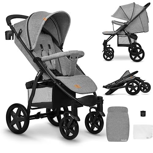 Lionelo Annet Buggy mit Liegefunktion Kinderwagen klein zusammenklappbar Eva-Schaum-Räder Moskitonetz Fußdecke Getränkehalter Korb (Plus Hellgrau)