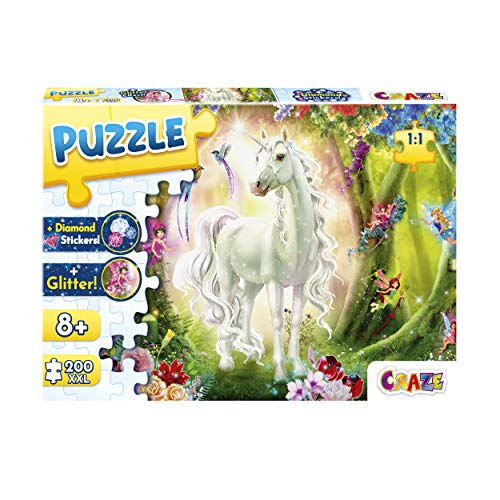 CRAZE Puzzle Magic Forest 200+ Teile mit Glitzerdruck und Diamanten-Aufkleber Einhorn-Puzzle für Kinder ab 8 Jahren, 30257