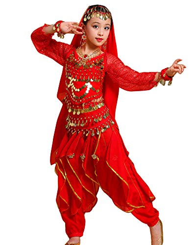 Guiran Kinder Mädchens Damen Faschings-Kostüm Indische Bauchtänzerin Kostüme Rot XL Höhengeeignet 131-140CM