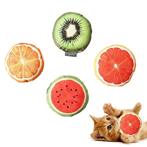 Dificato 4-teiliges interaktives Katzenspielzeug, realistisches Obst-Set, niedliches Katzenspielzeug, unterhaltsames und interaktives Kauspielzeug für drinnen und draußen, kleine, mittelgroße Katzen