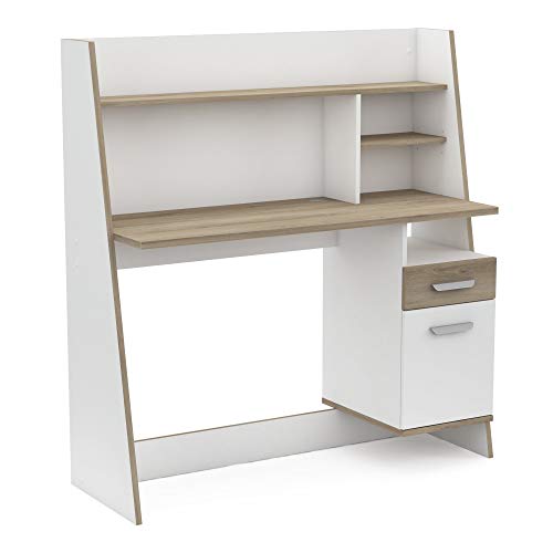 habeig Schreibtisch #138 Computertisch mit Kabeldurchlass, Schublade inkl. Rückwand Gross Schubfach Tisch 121x127x45cm (BxHxT) (Natur/Weiß)