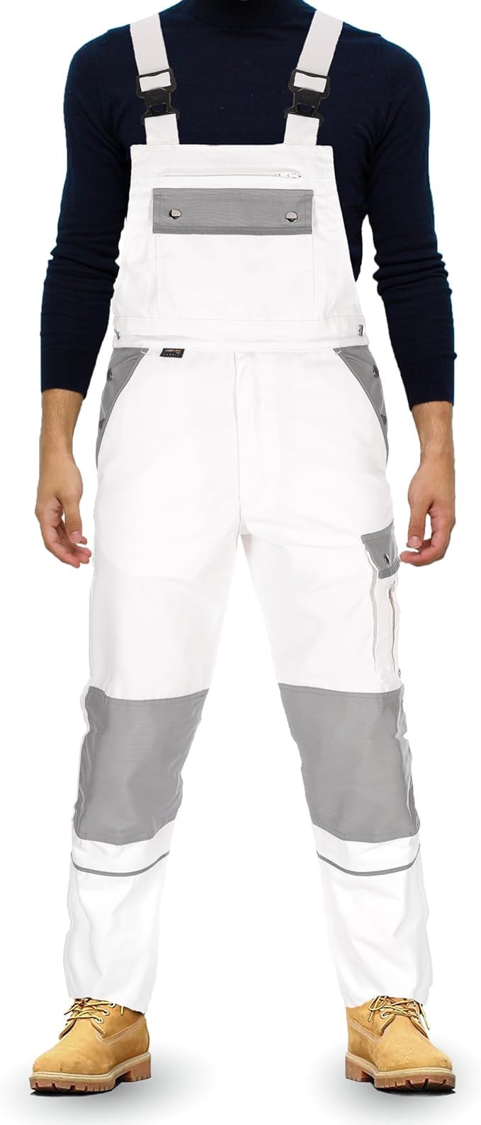 TMG® | Lange Arbeitslatzhose Herren, Weiße Malerlatzhose mit Kniepolstertaschen, Malerhose mit viel Stauraum | 44