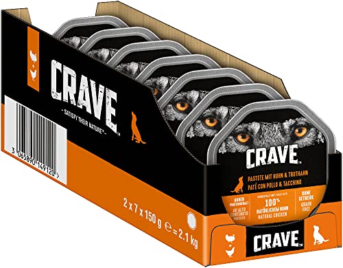 Crave DOG Crave DOG Crave Adult Hundenassfutter Pastete mit Huhn & Truthahn, 14 Schalen, 7x150g (2er Pack) – Premium Hundefutter nass mit hohem Proteingehalt ohne Zusatz von Getreide