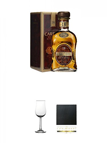 Cardhu 18 Jahre Single Malt Whisky 0,7 Liter + Whisky Nosing Gläser Kelchglas Bugatti mit Eichstrich 2cl und 4cl 1 Stück + Schiefer Glasuntersetzer eckig ca. 9,5 cm Durchmesser