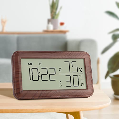 Thermometer Hygrometer Innen mit Wecker, LCD Digital Thermometer, Hygrometer Feuchtigkeit, Raumthermometer Temperatur luftfeuchtigkeitsmesser für Babyzimmer Wohnzimmer Weinkellern (Braun Wood Grain)
