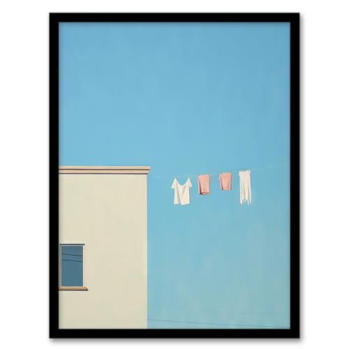 Laundry Line On Blue by Amy Denver Minimalist Soft Pastel Utility Room Minimalism Simple Modern Artwork Art Print Framed Poster Wall Decor 12x16 inch