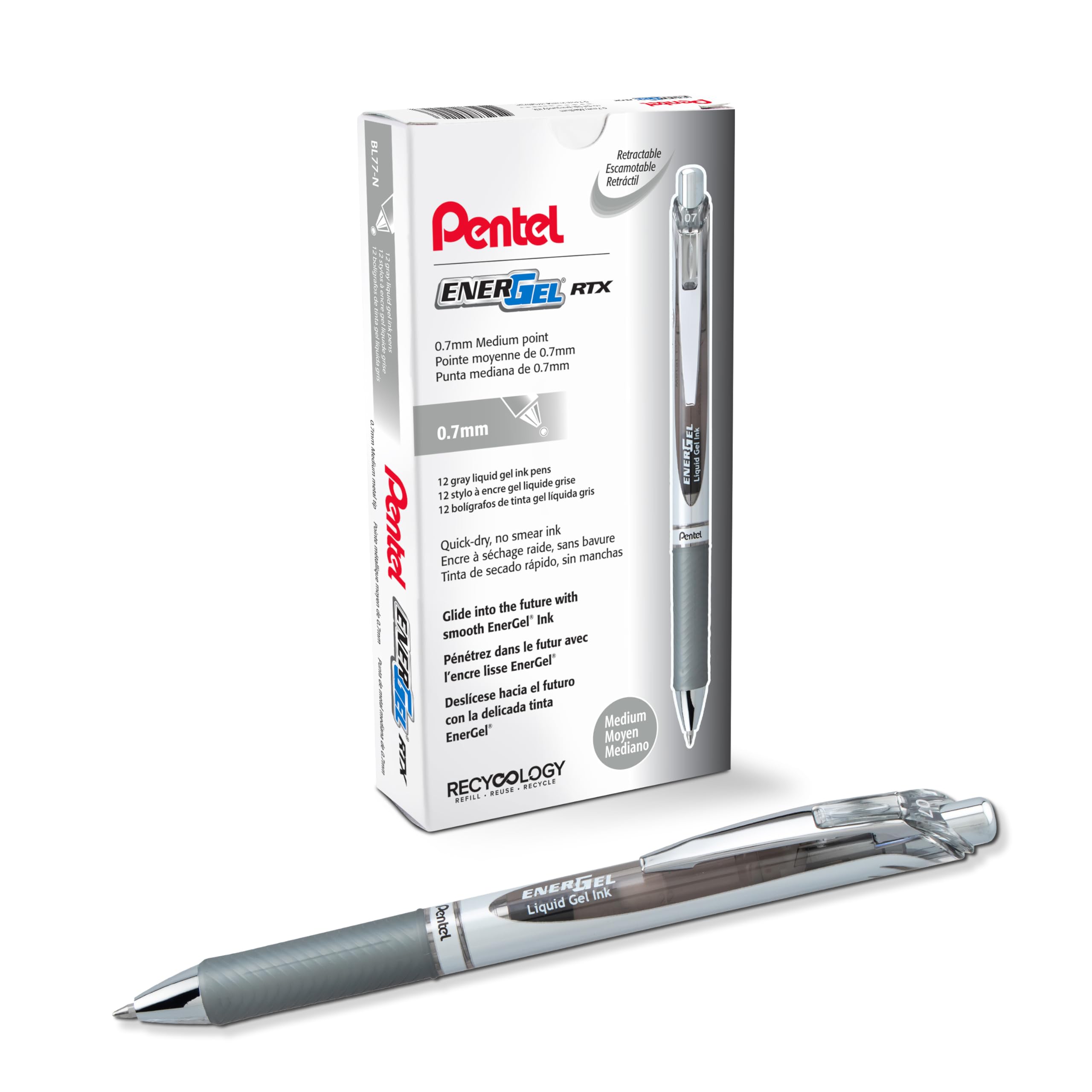 Pentel BL77-NX EnerGel Gel-Tintenroller mit Druckmechanik, 0,7 mm Kugeldurchmesser = 0,35 mm Strichstärke, nachfüllbar, 12 Stück, grau