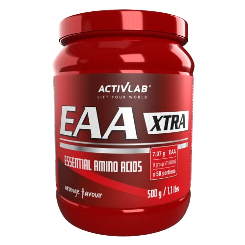 Activlab EAA XTRA 500g Orange| 7,95g EAA, 100% Tagesbedarf, 50 Portionen, Muskelregeneration, Pulver Alle 8 essentiellen exogenen Aminosäuren, Vitamine der B-Gruppe, Trainingsgetränk, Messbecher