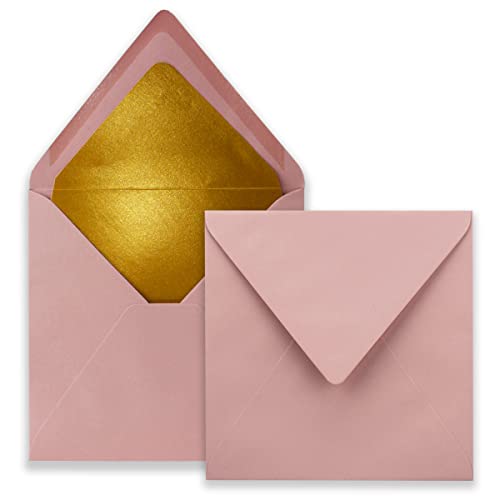 75 quadratische Brief-Umschläge - 15,5 x 15,5 cm, Altrosa (Rosa) - mit Gold-Papier gefüttert - Nassklebung - FarbenFroh by GUSTAV NEUSER