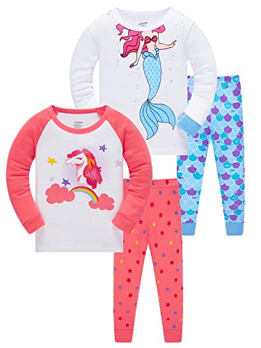 LOLPIP Mädchen Pyjamas 4-teiliges Set Nachtwäsche 100% Baumwolle PJs für Kinder Meerjungfrau Pyjamas Langarm 5-6 Jahre