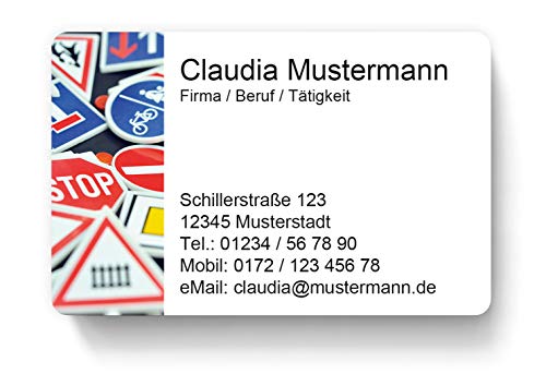 100 Visitenkarten, laminiert, 85 x 55 mm, inkl. Kartenspender - Fahrschule Verkehrszeichen