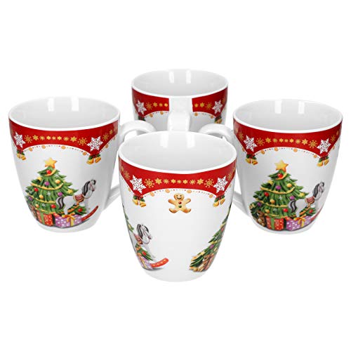 Van Well 4er Set Kaffeebecher Weihnachtszauber, 530 ml Porzellan Glühweinbecher, große Kaffeetasse, XL-Becher, Weihnachtsmotiv