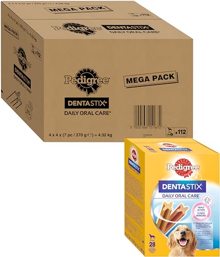Pedigree DentaStix Zahnpflege Hundeleckerli für große Hunde, Kausnack mit Huhn- und Rindgeschmack gegen Zahnsteinbildung für gesunde Zähne, 1er Pack (1x 112 Stück)