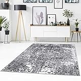 Teppich Flachflor mit Ornament-Muster, florale Verzierungen, Klassisch/Modern, meliert in Grau für Wohnzimmer Größe 80/150 cm
