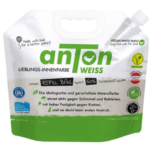Anton Weiss® vegane Wandfarbe weiss | Refillbag 3er Pack | 13,5L für 120m2 | im Bio Flexi Bag | 60% weniger Kunststoff | hohe Deckkraft & Kratzfestigkeit | stumpfmatt, geruchsarm