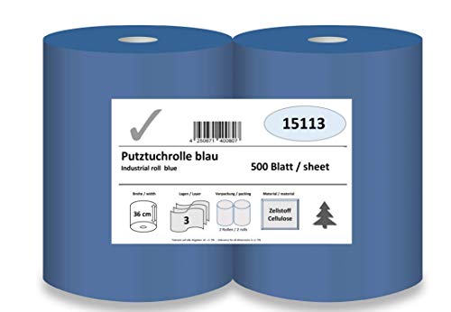 Putztuchrolle, 3-lagig, 500 Blatt x 36 cm, blau, Zellstoff verklebt, 2 Rollen/Pack; Putzpapier für Küche, Werkstatt, Büro oder Zuhause.