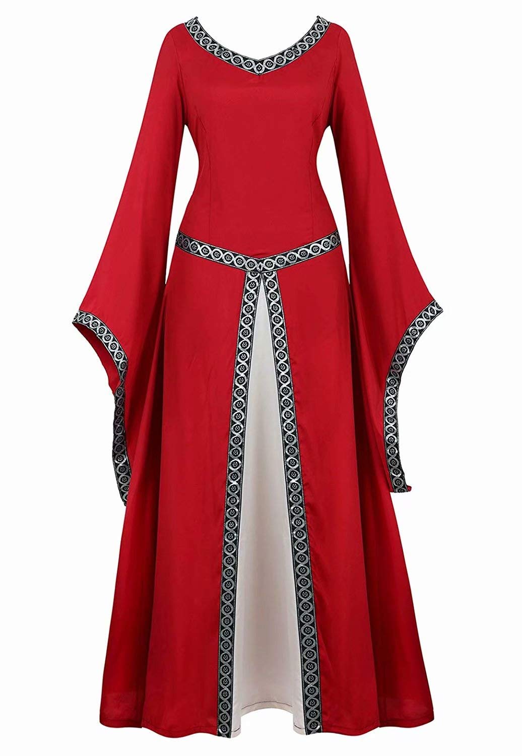 Josamogre mittelalter Kleid kleidung renaissance mit Trompetenärmel Party Kostüm bodenlang Vintage Retro costume cosplay Damen Rot XL