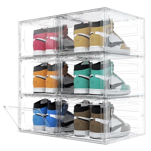 ybaymy Schuhbox Stapelbar Transparent 6er Set Schuhkarton Kunststoff Schuhboxen Schuhkasten Stapelbarer Schuhorganizer Kunststoffbox Schuhaufbewahrung für Schuhe bis Größe 46, 35 x 27 x 19 cm