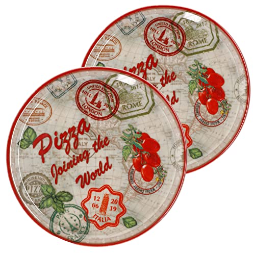 MamboCat 2er Set Pizzateller Rom rot Ø 33 cm I Servier Platten mit Motiven I Vorspeisenplatten zum Anrichten für Antipasti oder Tomate-Mozzarella I bunte Porzellanteller für Pizza Pasta & Co