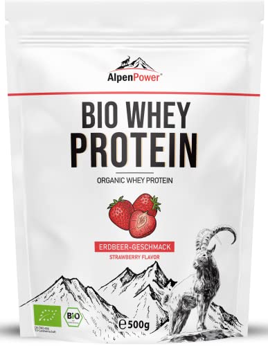 ALPENPOWER | BIO WHEY Protein Erdbeere | Ohne Zusatzstoffe | 100% natürliche Zutaten | Bio-Milch aus Bayern und Österreich | Superfood Erdbeere | Hochwertiges Eiweißpulver | 500 g