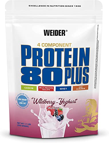WEIDER Protein 80 Plus Eiweißpulver, Waldfrucht-Joghurt, Low-Carb, Mehrkomponenten Casein Whey Mix für Proteinshakes, 500g
