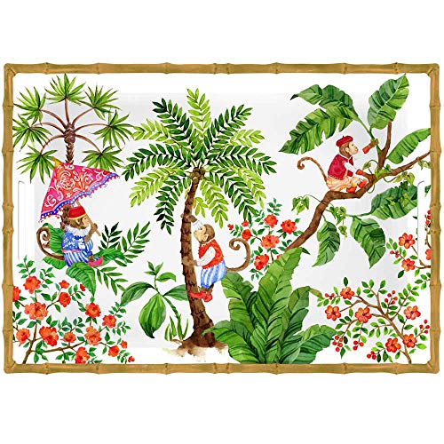 Les Jardins de la Comtesse - Großes rechteckiges Serviertablett - 50 cm - Affen aus Bali - Korallenrot/Grün - Großes Tablett : Kollektion MelARTmine - Unzerbrechliches Geschirr