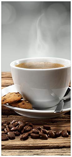 Wallario Selbstklebende Türtapete Heiße Tasse Kaffee mit Kaffeebohnen - 93 x 205 cm in Premium-Qualität: Abwischbar, Brillante Farben, rückstandsfrei zu entfernen