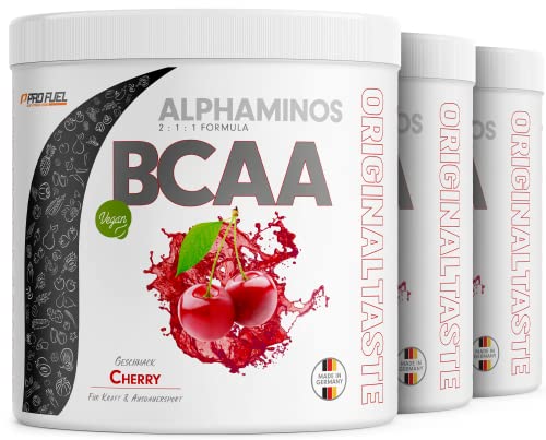 BCAA Pulver 3x300g KIRSCHE - Testsieger - ALPHAMINOS BCAA 2:1:1 - Das ORIGINAL von ProFuel - Essentielle BCAA Aminosäuren - Unfassbar leckerer Geschmack - 100% vegan - Top Löslichkeit - Laborgeprüft