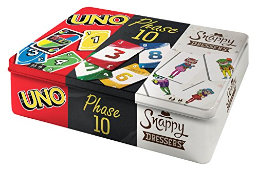 Mattel Games FFK01 - Kartenspiele Spielesammlung in Metalldose mit UNO, Phase 10, Snappy Dressers, Gesellschaftsspiele ab 7 Jahren, Mehrfarbig