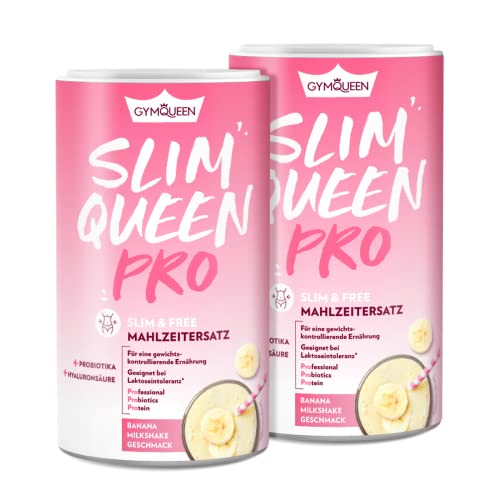 GymQueen Slim Queen Pro Abnehm-Shake 2x420g, Banana Milkshake, mit Probiotika und Hyaluronsäure, Leckerer Diät-Shake zum Abnehmen, Mahlzeitersatz mit Vitaminen und Nährstoffen, 250 kcal pro Portion