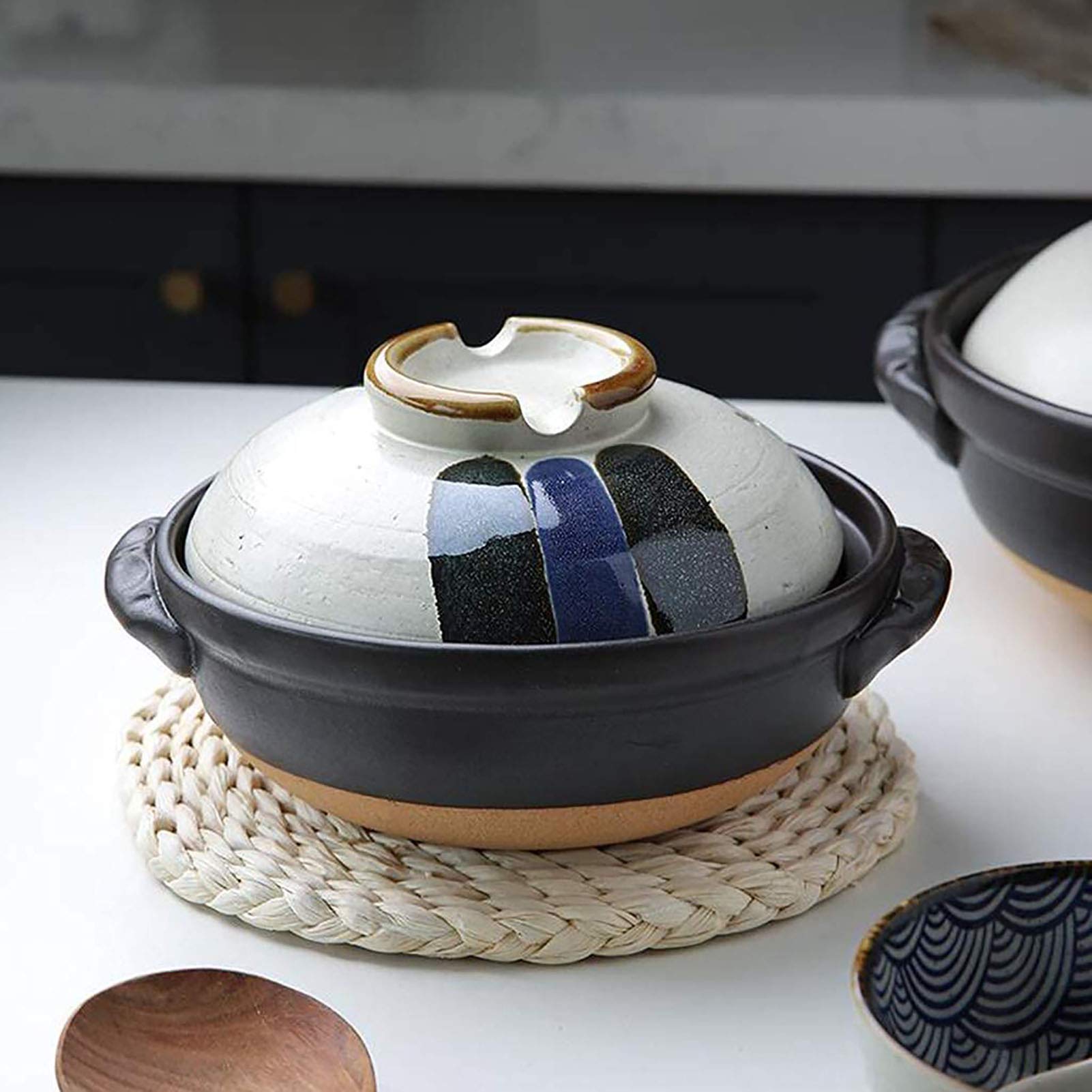Hengqiyuan Japanischer Keramik Pot, Ton-Kochtöpfe, Hitzebeständiger Auflauf Mit Deckel, Kleiner Runder Ton-Topf Eintopftopf, 1.7L