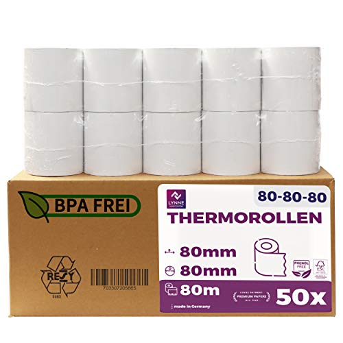 Thermorollen 80mm x 80m x 12mm | Kassenrollen | Bonrollen für Registrierkasse mit Bondrucker | Thermopapier – BPA Frei (50 Rollen)