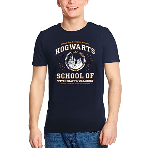 Elbenwald T-Shirt mit Hogwarts School Frontprint für Harry Potter Fans Herren Damen Baumwolle blau - XL