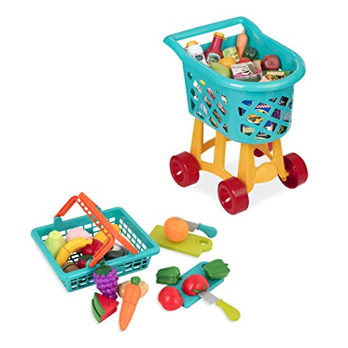 Battat Einkaufswagen Kinder 60 Teile mit Spielzeug Einkaufskorb, Obst und Gemüse zum Schneiden – Kinderküche, Spielküche, Kaufladen Zubehör ab 3 Jahre
