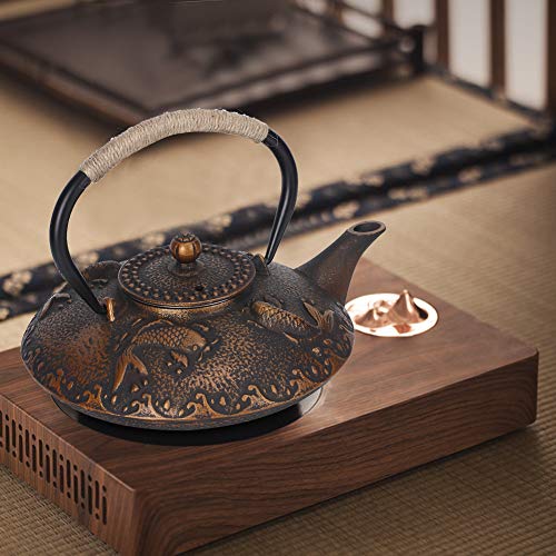 Gusseisen Teekessel, 0,9 l Retro Eisen Eleganter Wasserkocher Haushaltsgriff Wasser Teekanne Sammlung mit Deckel (Gold)