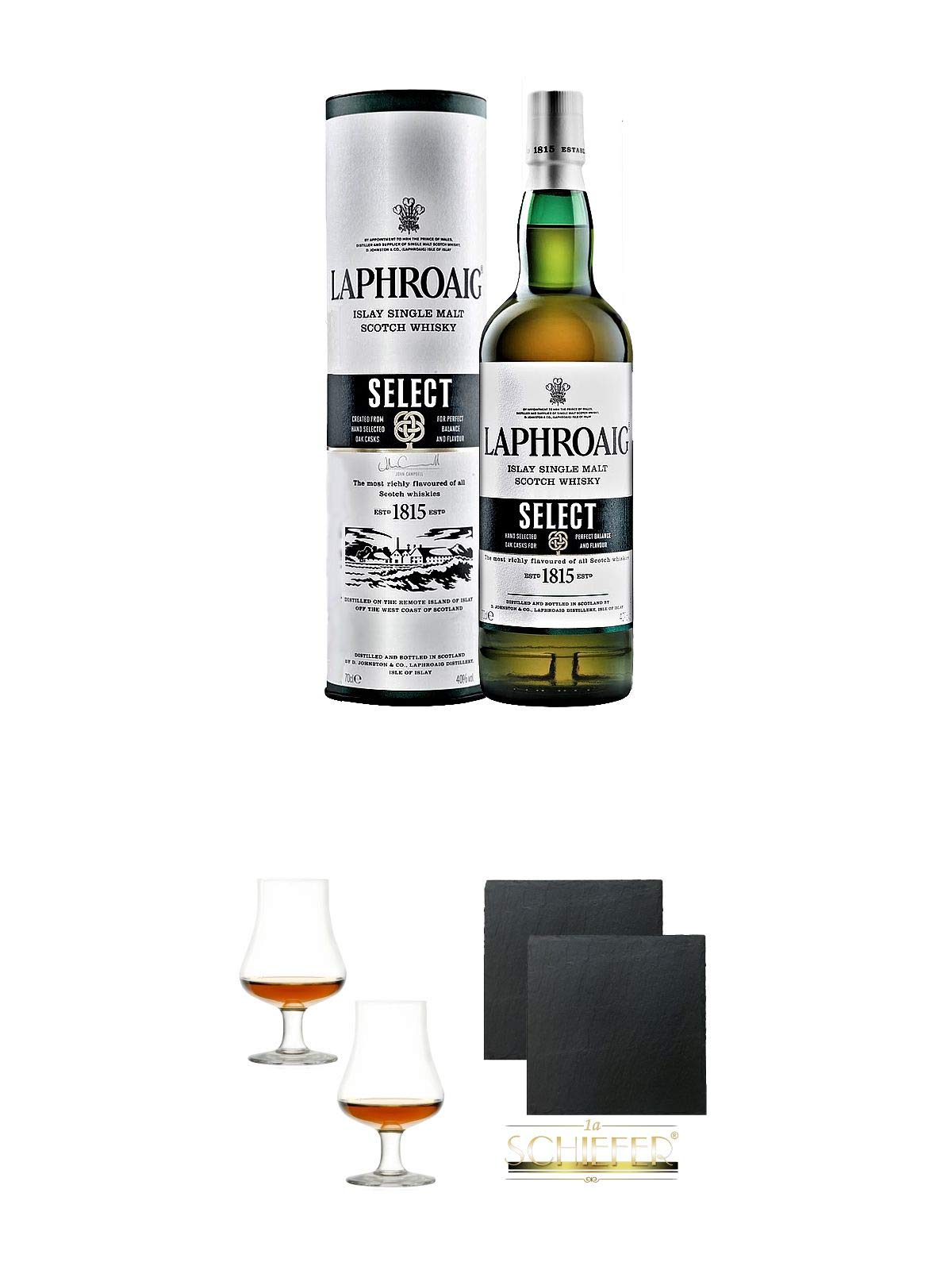 Laphroaig Select Islay Single Malt Whisky 0,7 Liter + Stölzle Nosingglas für Whisky 2 Gläser - 1610031 + Schiefer Glasuntersetzer eckig ca. 9,5 cm Ø 2 Stück