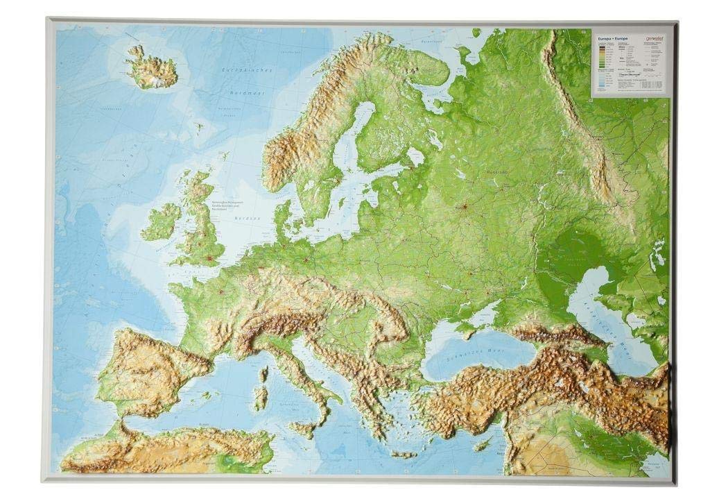 Europa Gross 1:8.000.000 ohne Rahmen: Reliefkarte Europa (Tiefgezogenes Kunststoffrelief)