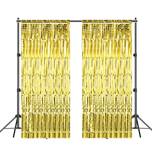 EMART Hintergrundständer-Set, 2 x 2 m, mit Goldfolien-Fransenvorhang, verstellbarer Hintergrundrahmen-Set für Foto-Videostudio, Party, Hochzeit, Fotoshooting